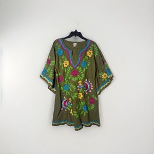 Sister Mary Embroidered Green Floral Tunic Size M Boho Art To Wear Mexican